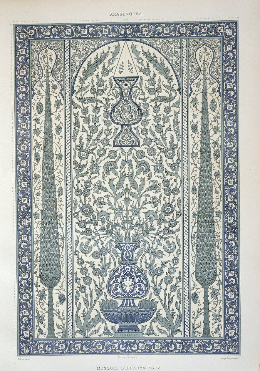 Návrh z mešity Ibrahyma Agha, z „Arabského umění viděného prostřednictvím památek Káhiry od 7. století do konce 18. století“, vyryl Marchand, publikoval 1877 od Emile Prisse d