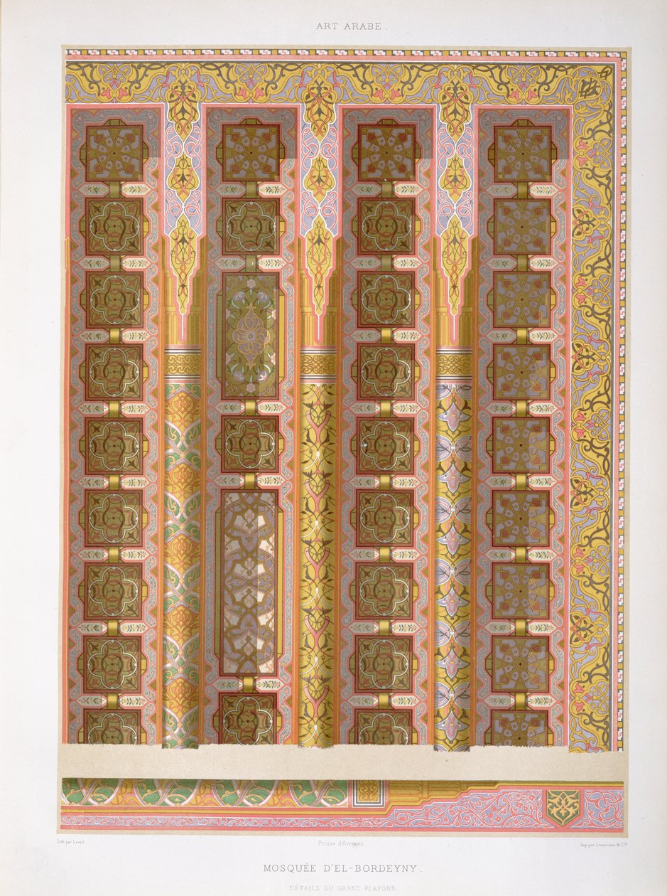 Detail velkolepého stropu z mešity El-Bordeyny, z knihy Arabské umění pohledem káhirských památek od 7. do konce 18. století, vyryl Jean Arnould Leveil (1). od Emile Prisse dAvennes