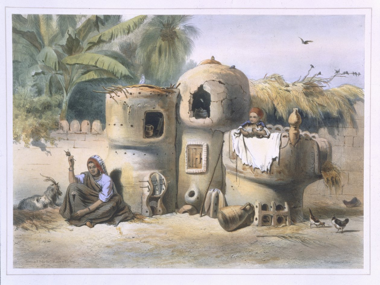Rolnická obydlí v Horním Egyptě, ilustrace z knihy "Údolí Nilu", rytina Eugene Le Roux (1807-63), vydáno Lemercierem, 1848. od Emile Prisse d