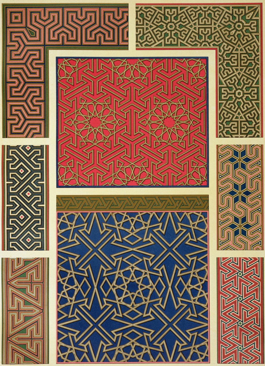 Dřevěné přihrádky a okraje, z knihy "Arabské umění v pohledu na památky Káhiry od 7. do konce 18. století", vyryl Marchand, vydáno 1877. od Emile Prisse d