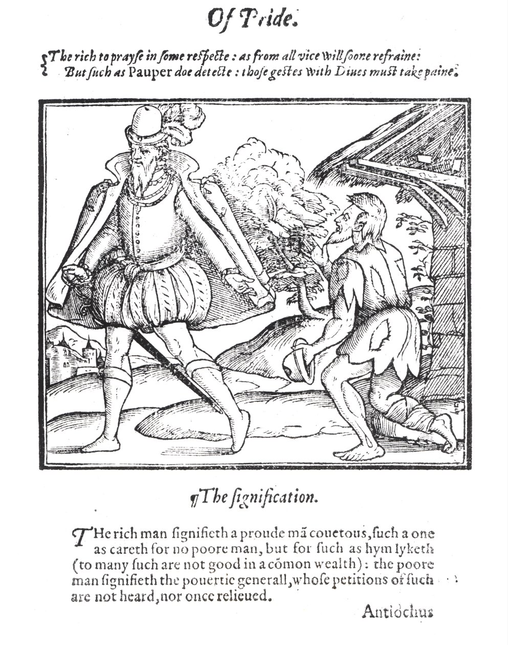 Bohatý muž odmítá otrhaného žebráka, z knihy "A Christall Glass of Christian Reformation" od Stephena Batemana, 1569. od English School