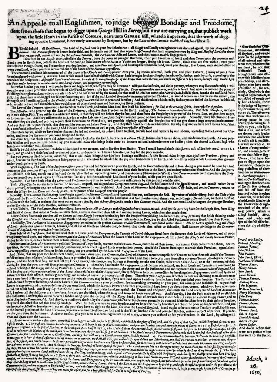 Bulletin apel na Diggers, publikoval 1650 od English School