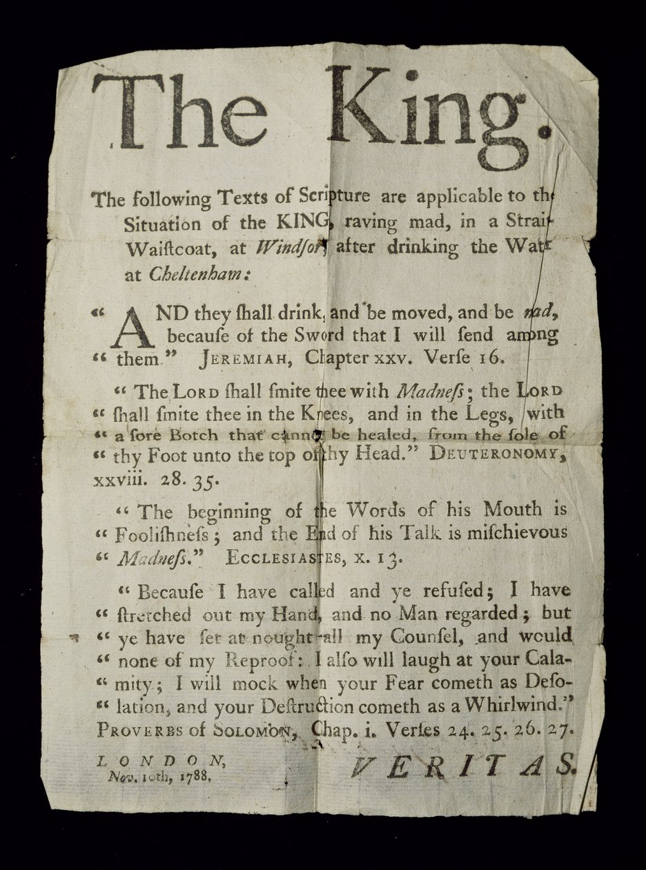 Velký list pojednávající o šílenství krále Jiřího III., 1788 (novinový tisk) od English School
