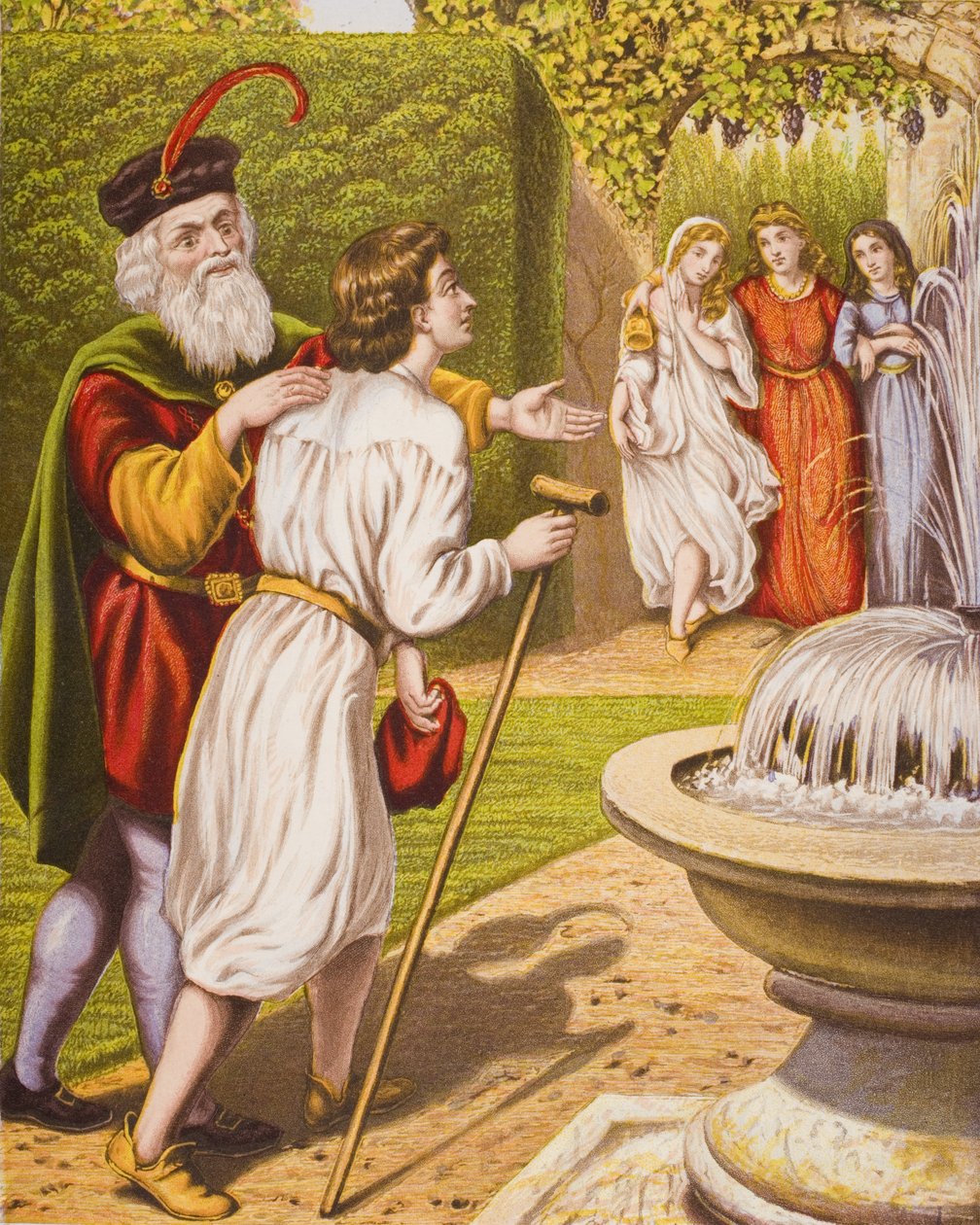 Carnal Security představuje svou manželku a dcery Tender Conscience, ilustrace z filmu The Pilgrim