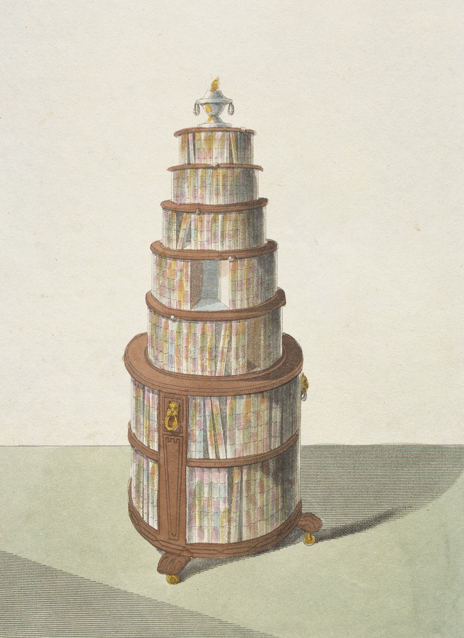 Kruhová pohyblivá knihovna, deska 13 z Ackermanns Repository of Arts, Literature, Commerce, Manufactures, Fashion and Politics, vydané 1810 od English School