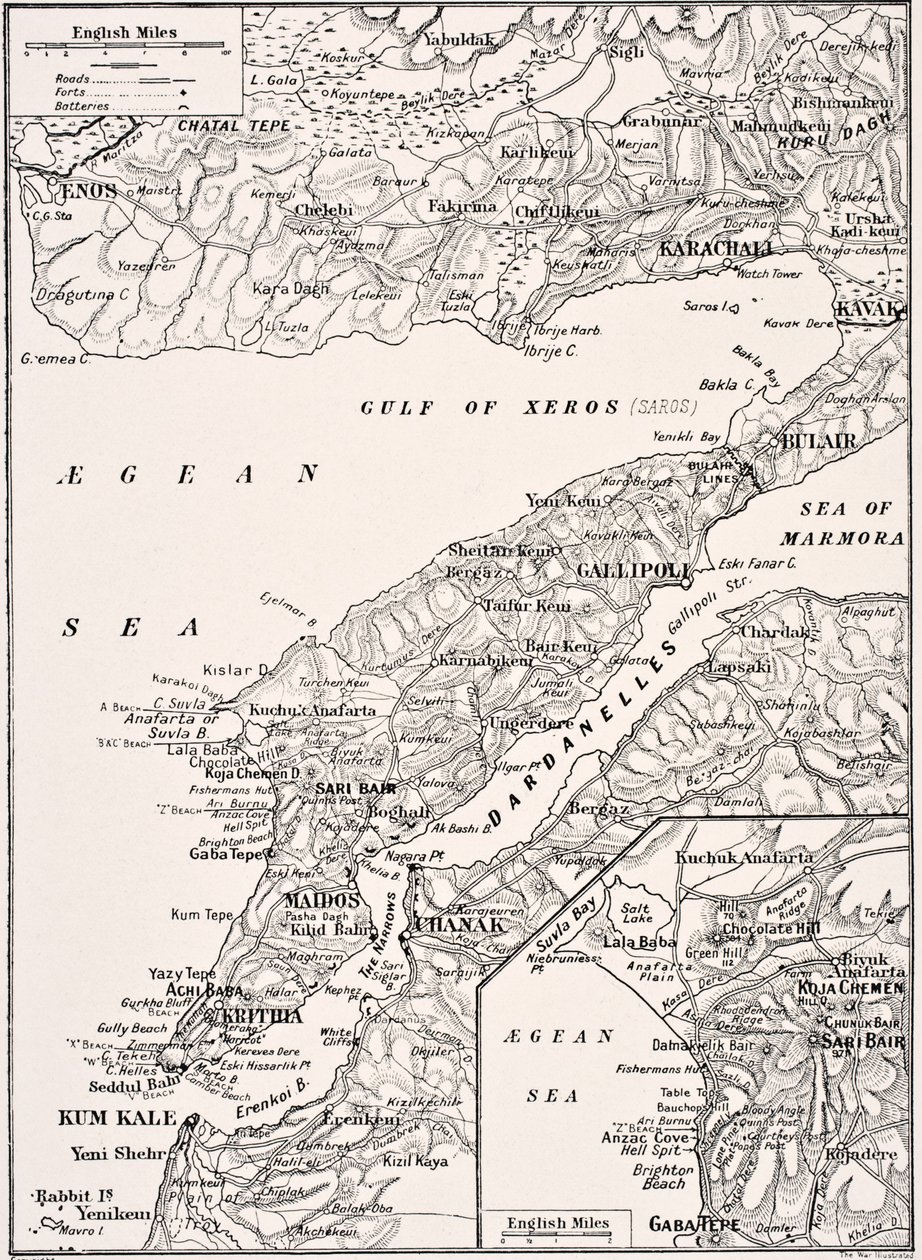 Podrobná mapa poloostrova Gallipoli a Dardanely Turecko, 1915, z 
