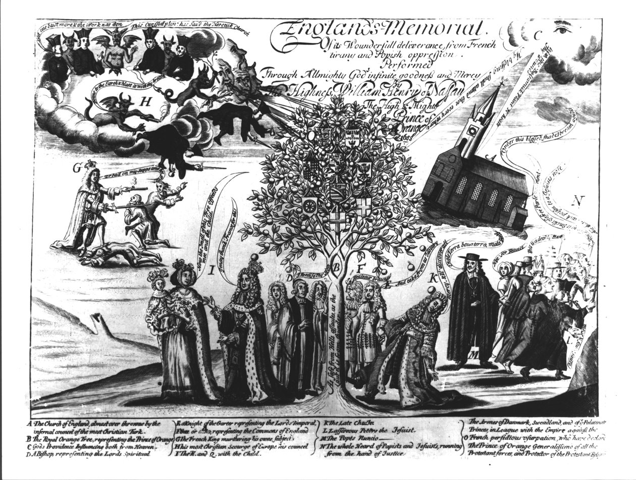 Anglický památník, William Oranžský (1650-1702) zachraňující Anglii a Evropu před různými hrůzami od English School