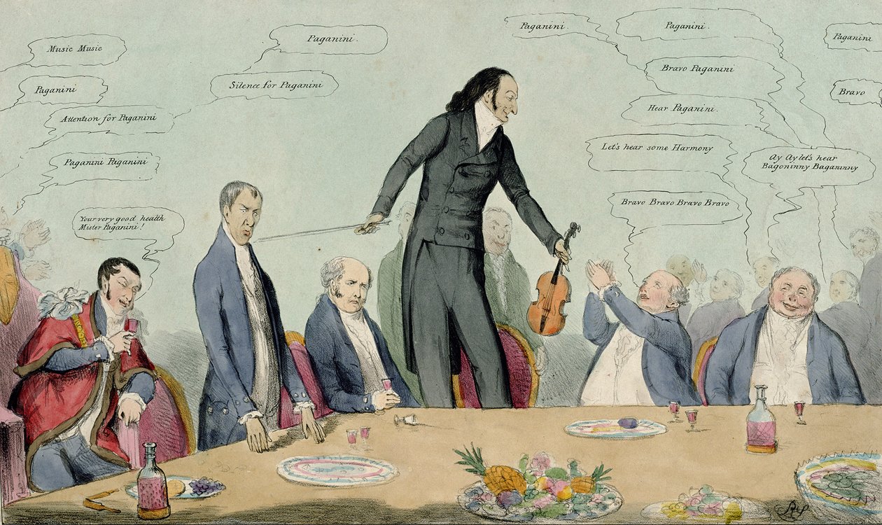 Housle versus koště, karikatura Niccolo Paganiniho, hospoda. Thomas McLean, 1831 (barevný lept) od English School