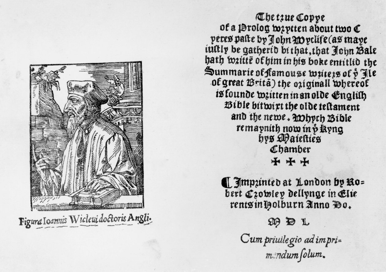Frontispis „Shrnutí slavných spisovatelů ostrova Great Brita“ zobrazující Johna Wycliffa (c.1330-84), 1550 od English School