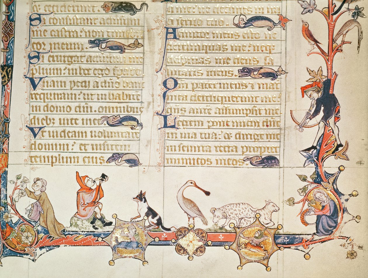 Ilustrace ze žaltáře, zobrazující různé postavy, lžíce, ovce, kentaury a lišku Reynarda od English School