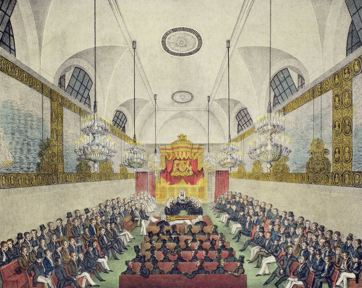 Interiér Sněmovny lordů, ve Westminsterském paláci, vytiskl a vydal Charles Ingrey, kolem roku 1830 (barevné lito) od English School