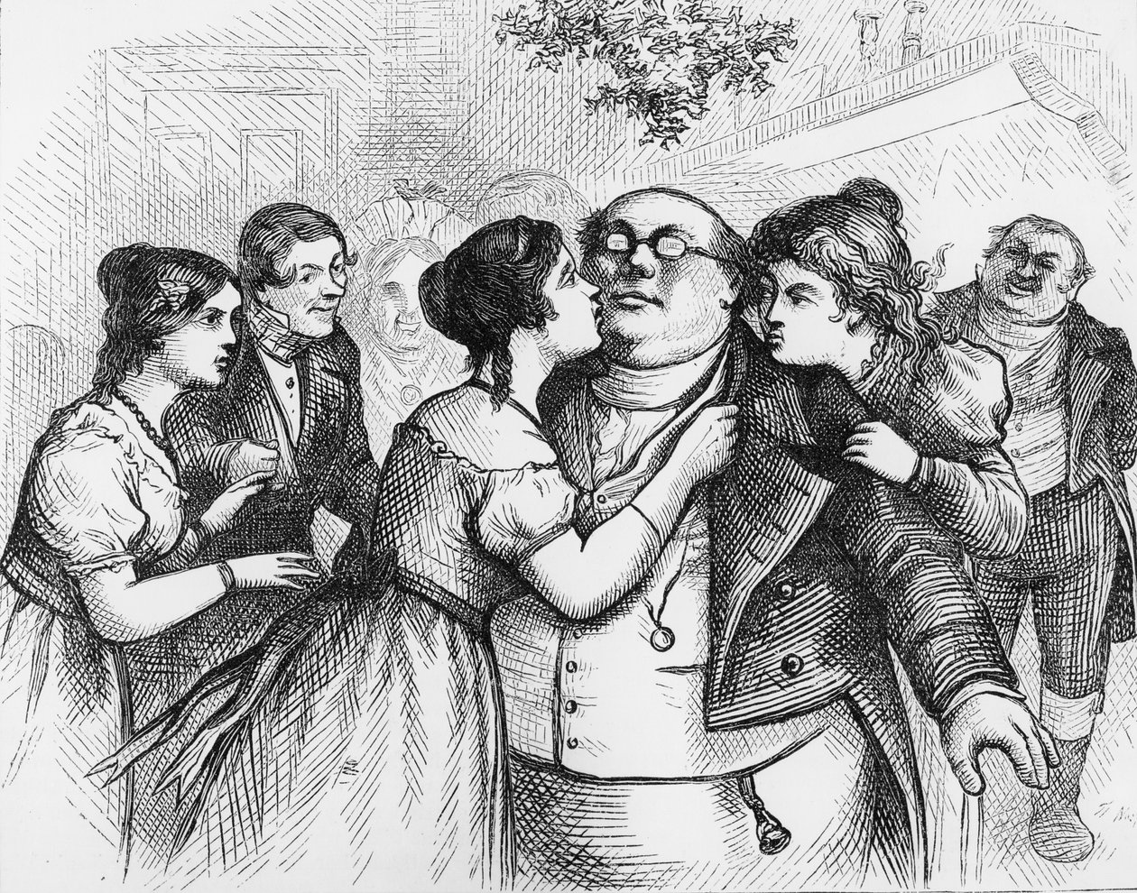 „Bylo příjemné vidět pana Pickwicka uprostřed skupiny“, ilustrace z „The Pickwick Papers“ od Charlese Dickense od English School