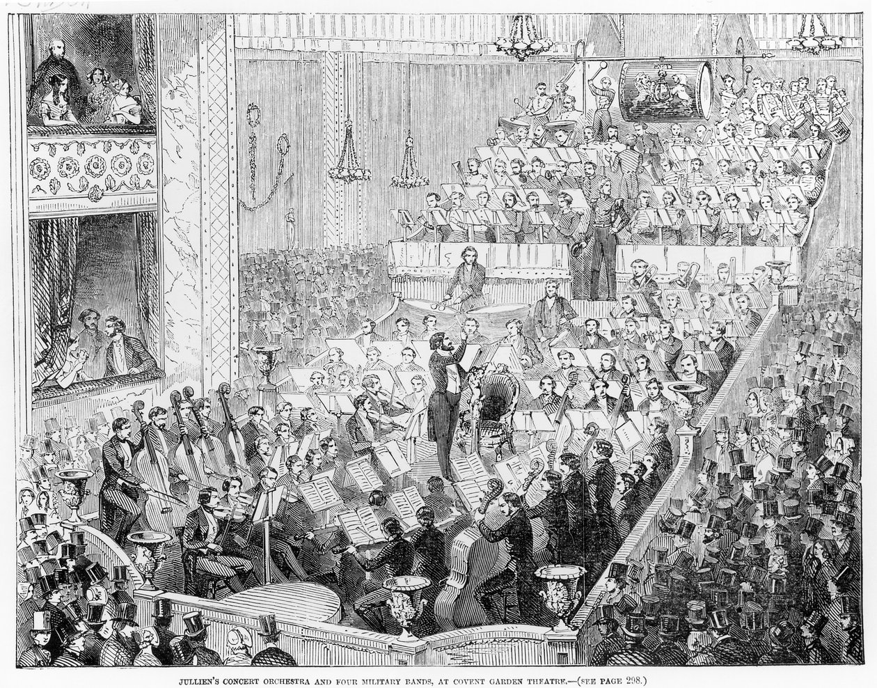 Jullienův koncertní orchestr a čtyři vojenské kapely v divadle Covent Garden od English School