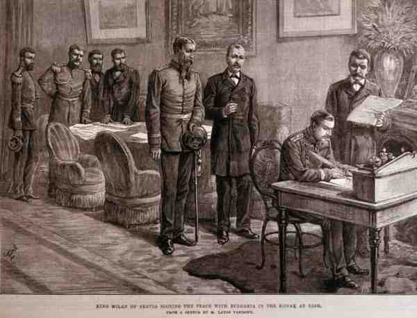 Servia král Milan podepisuje mír s Bulharskem v Konak u Nish, z The Illustrated London News, 4. března 1886 od English School