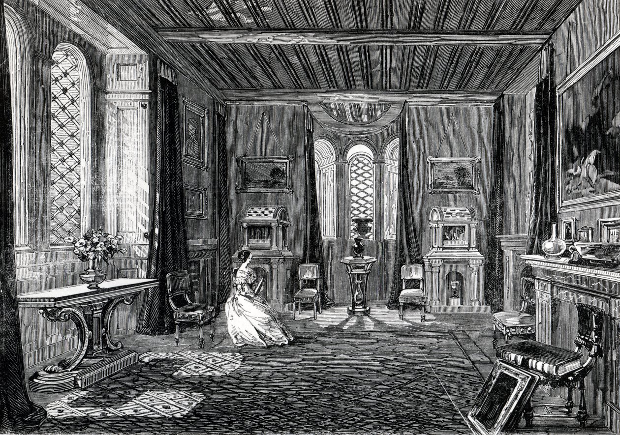 Lansdown Tower – The Scarlet Drawing-Room, publikovaná v „The Illustrated London News“, 1845 od English School
