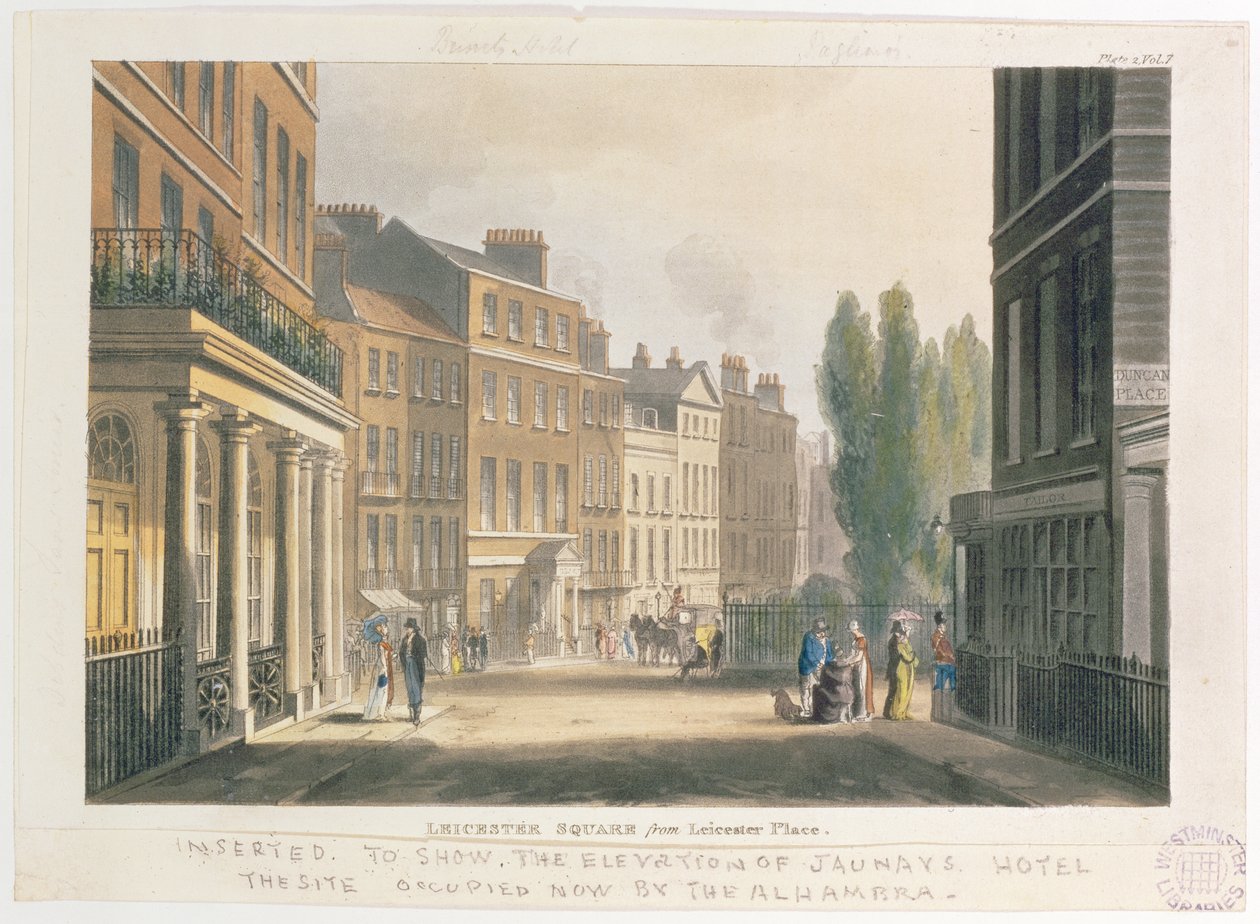 Leicester Square z Leicester Place, Londýn, deska 2 ze svazku 7 Ackermanns Repository of Arts, 1812 (akvatinta) od English School