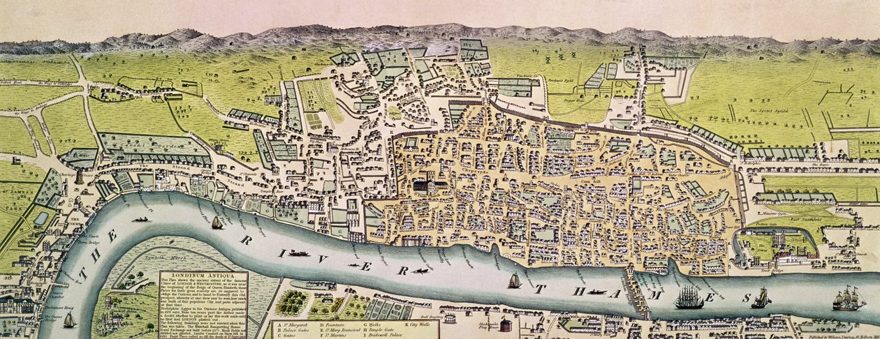 Londinium Antiqua, mapa Londýna, vydal William Darton, 1563 (ručně kolorovaná rytina) od English School