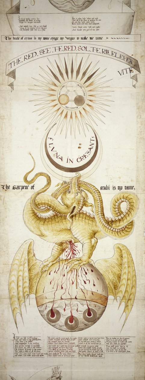 MS.276 Emblematický diagram alchymistických procesů pro výrobu kamene mudrců, scéna 4, ze svitků Ripley (inkoust na papíře připevněný na plátně) od English School