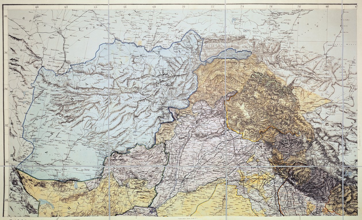Mapa Afghánistánu, 1898 (barevná rytina) od English School