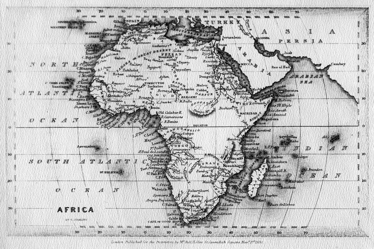 Mapa Afriky, vyrytá Thomasem Stirlingem, publikoval Edward Bull, 1830 od English School