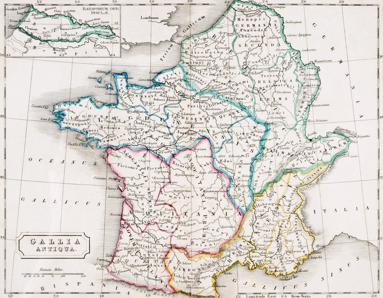 Mapa Francie, Gallia Antique, z „Atlasu starověké geografie“, od Samuela Butlera, vydané v Londýně, kolem roku 1829 od English School