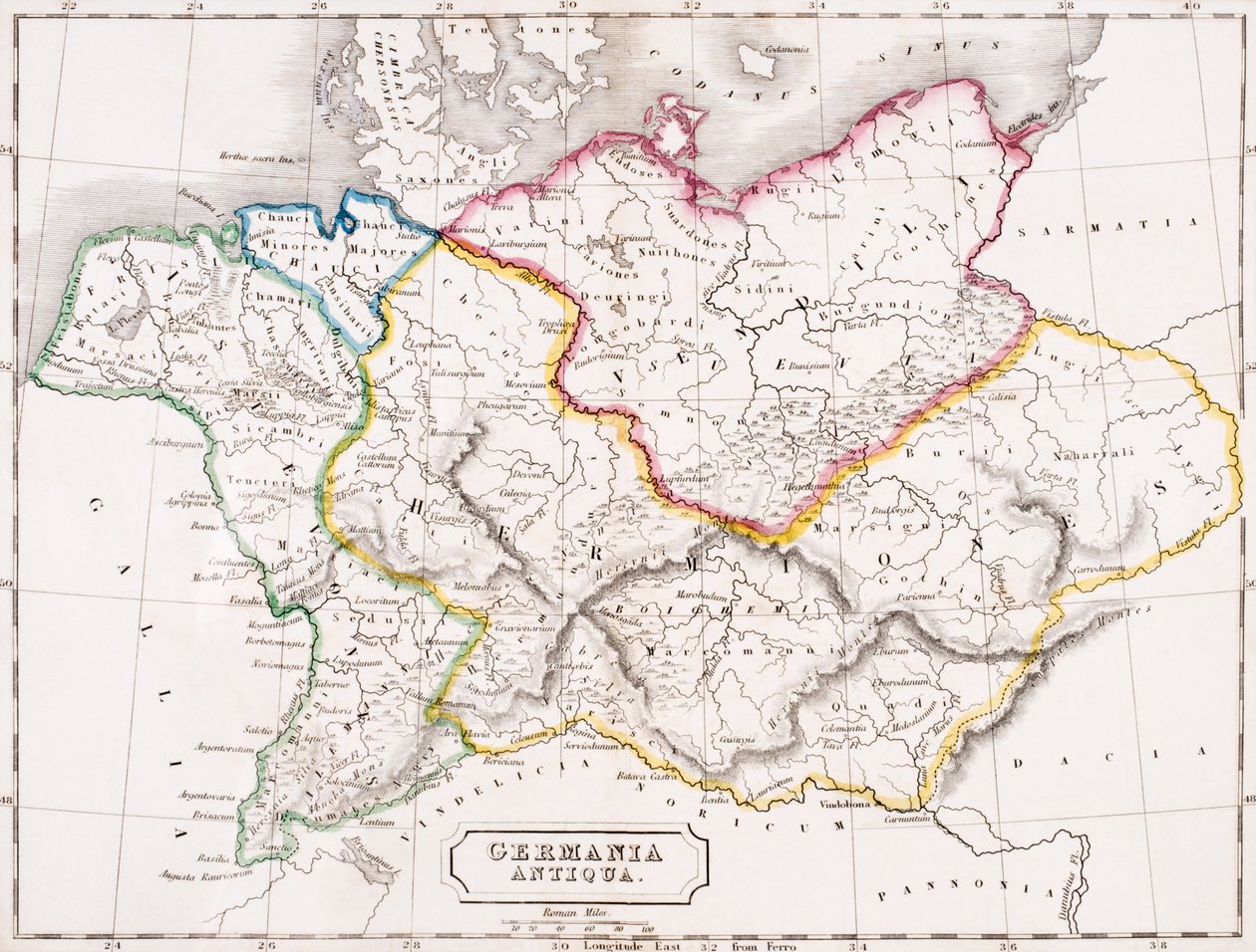 Mapa Německa, Germania Antiqua, z „Atlasu starověké geografie“, od Samuela Butlera, vydané v Londýně, kolem roku 1829 od English School