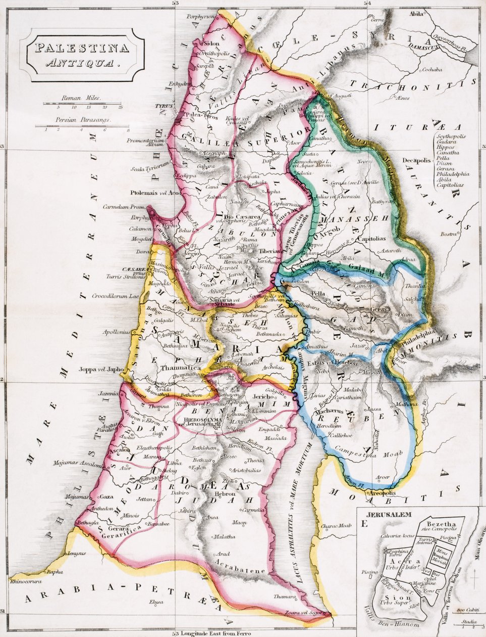 Mapa Palestiny, Palestina Antiqua, z „Atlasu starověké geografie“ od Samuela Butlera, vydaného v Londýně kolem roku 1829 od English School