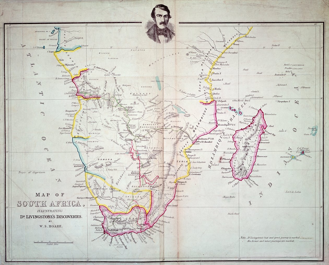 Mapa Jižní Afriky ilustrující objevy Dr. Livingstonea od English School
