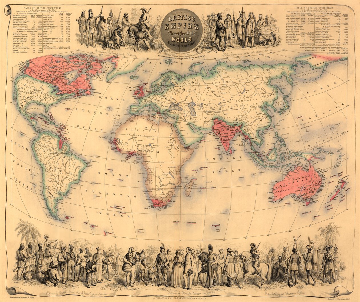 Mapa světa s majetkem Britského impéria zbarvená červeně, kolem roku 1870 (ručně kolorovaná rytina) od English School