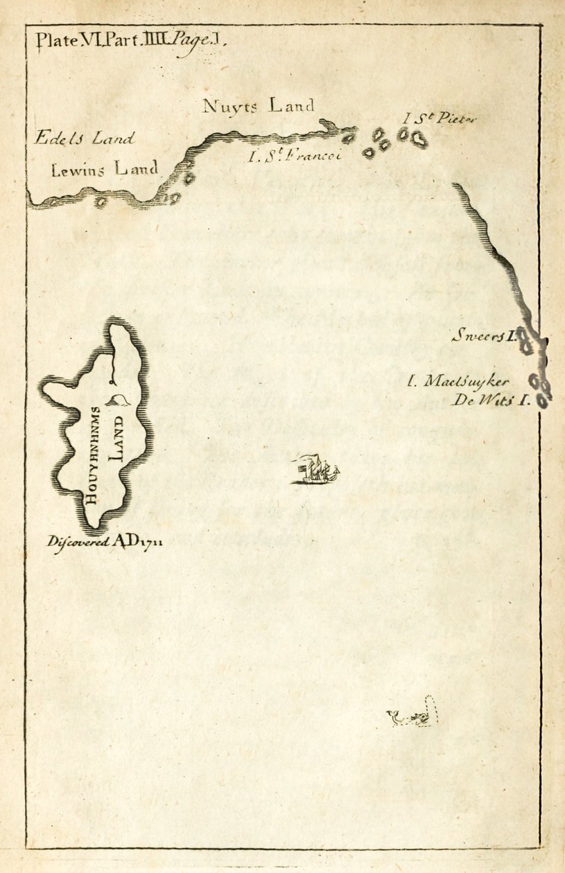 Mapa zobrazující polohu Houyhnhnms Land z prvního vydání Cesty do několika vzdálených národů světa, které jsou známější jako Gullivers Travels od Jonathana Swifta od English School