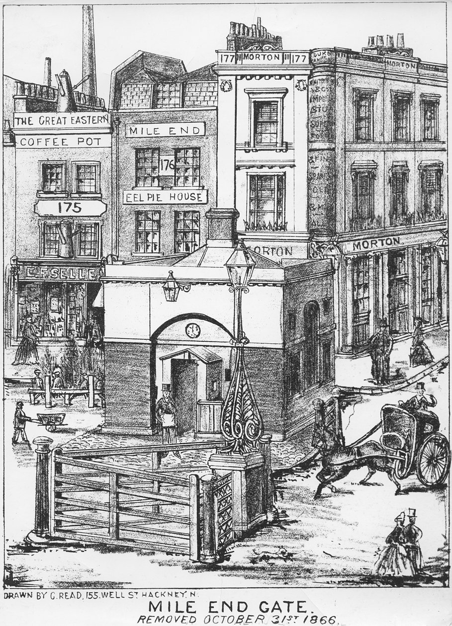 Mile End Gate, cca 1866 (pero a uhel na papíře) od English School