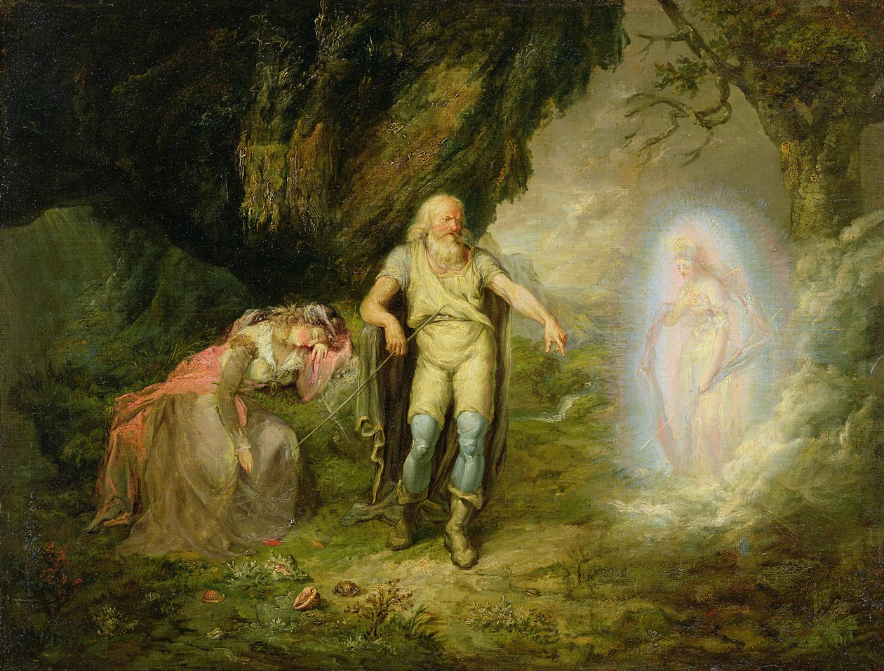 Miranda, Prospero a Ariel, z filmu Bouře od Williama Shakespeara, kolem roku 1780 od English School