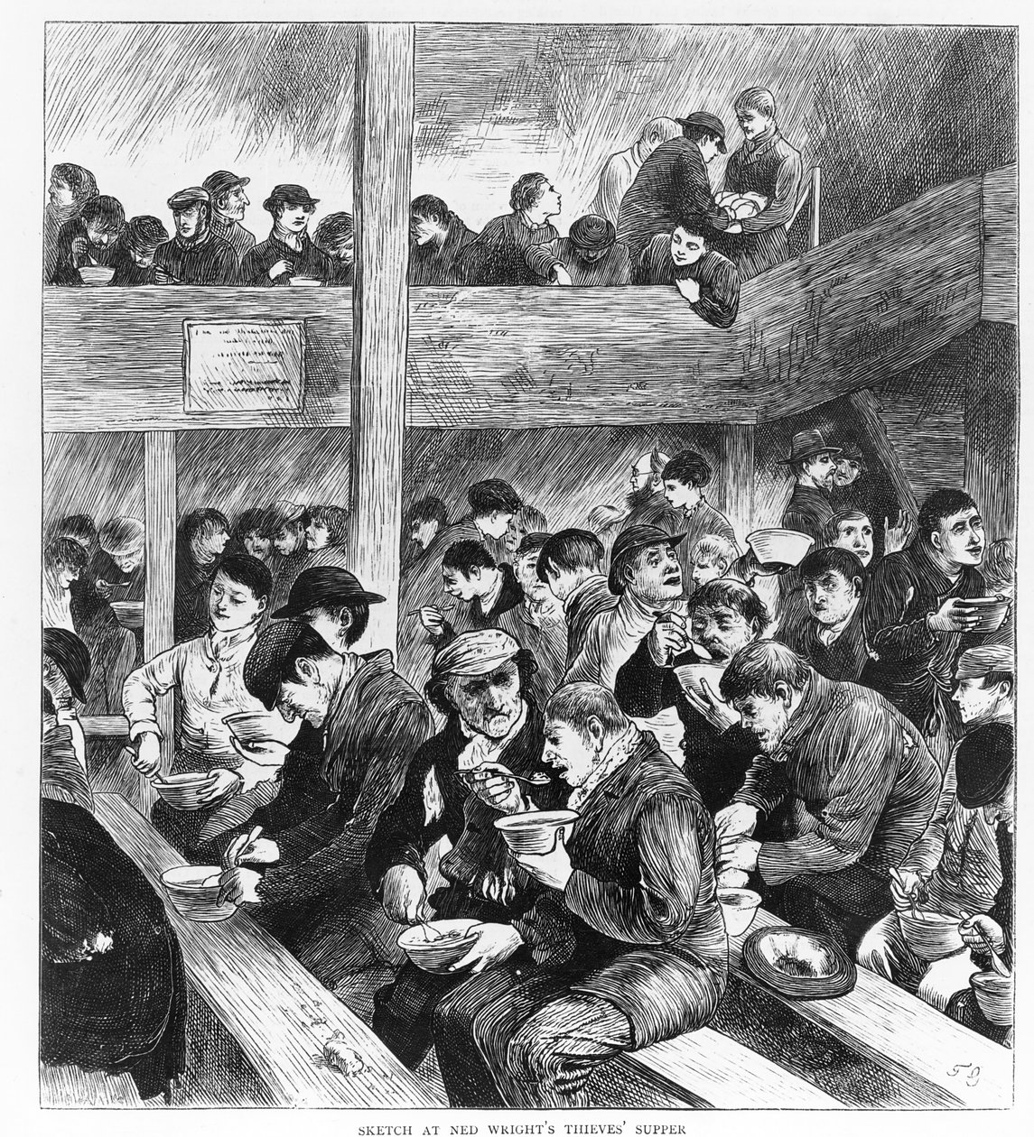 Zlodějská večeře Neda Wrighta, publikováno v ilustrovaných novinách "The Graphic" v sobotu 26. února 1870. od English School