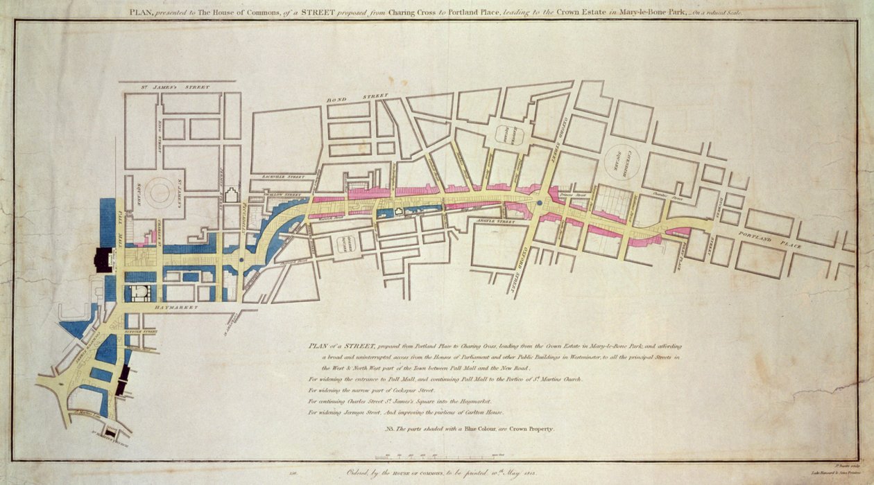 Plán navrhované ulice vedoucí z Charing Cross do Portland Place, 1848 od English School