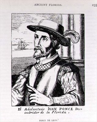 Portrét Juana Ponce de Leon (1460-1521), který objevil Floridu, z The Narrative and Critical History of America, editoval Justin Winsor, Londýn, 1886 od English School