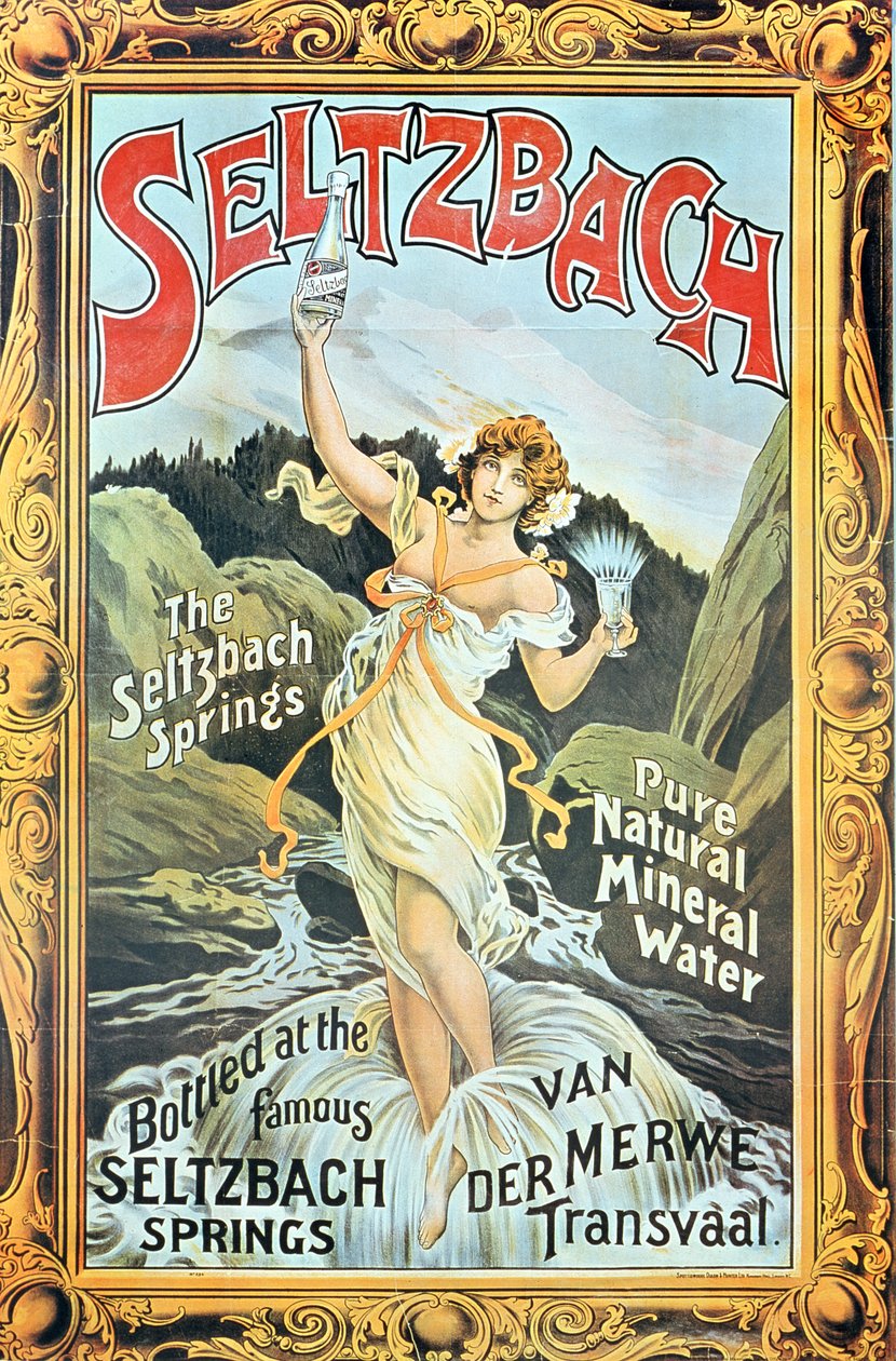 Reklamní plakát „Seltzbach“ čistá přírodní minerální voda z pramenů Seltzbach, Van der Merwe, Transvaal, 90. léta 19. století od English School