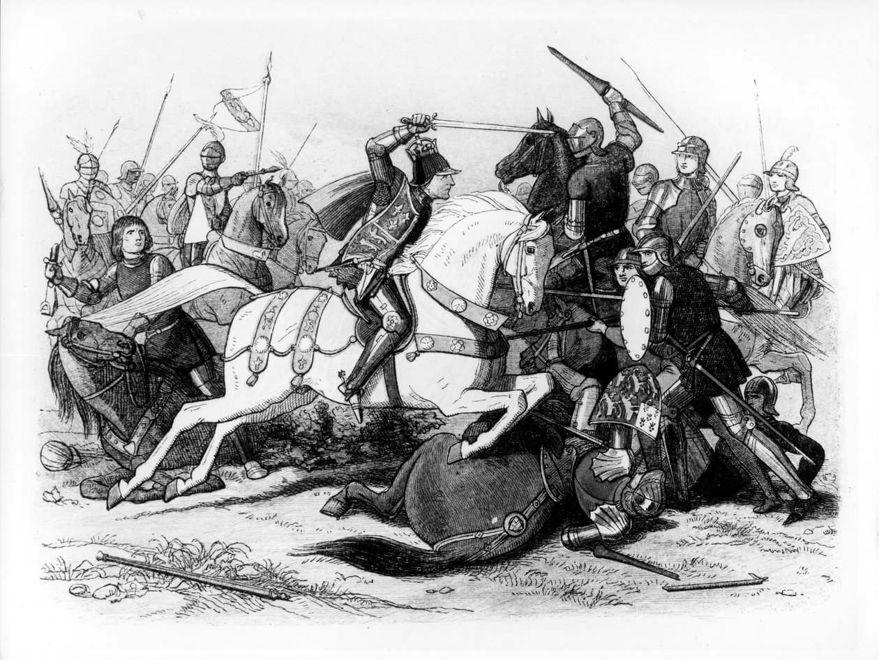 Richard III (1452-85) v bitvě u Bosworthu v roce 1485 od English School