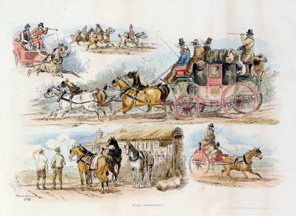 Silniční škrábance, 1840 (barevné rytí) od English School