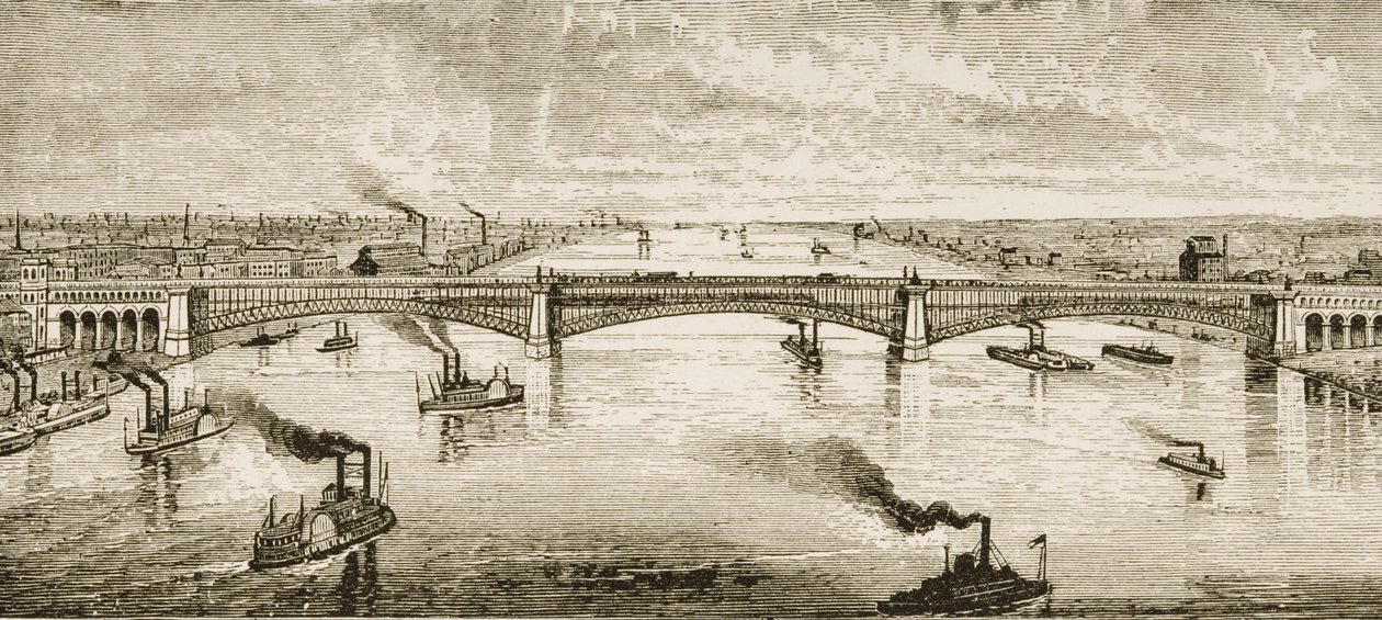 Ocelový most přes řeku Mississippi v St. Louis, kolem roku 1874, z 