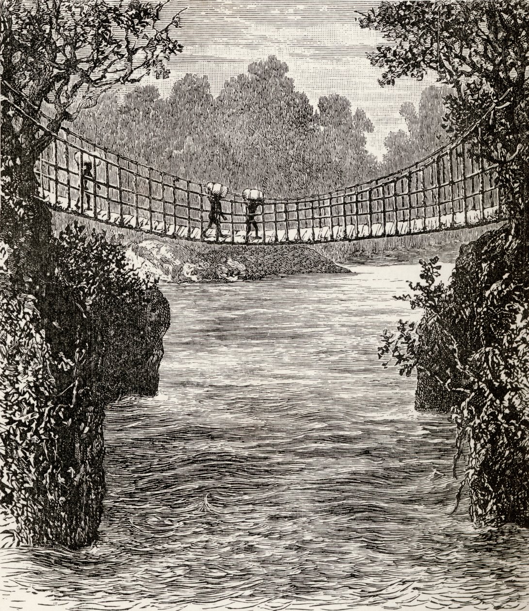 Visutý most přes řeku Ituri, Kongo, 1890 (dřevoryt) od English School