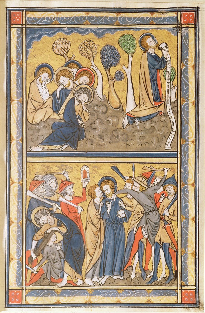 Agónie v zahradě a zrada Krista, list z žaltáře, asi 1270 (tempera, tuš a plátkové zlato na pergamenu) od English School