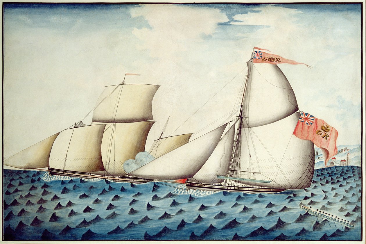 The Capture of The Four Brothers by The Badger, Revenue Cutter, cca 1823 (pero a wc) od English School