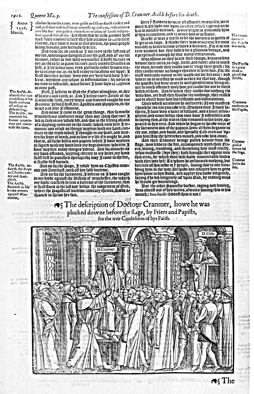 Vyznání doktora Thomase Cranmera (1489-1556) arcibiskupa z Canterbury, před svou smrtí, z knihy „Skutky a památky“ od Johna Foxe (1516-87) 1563 od English School