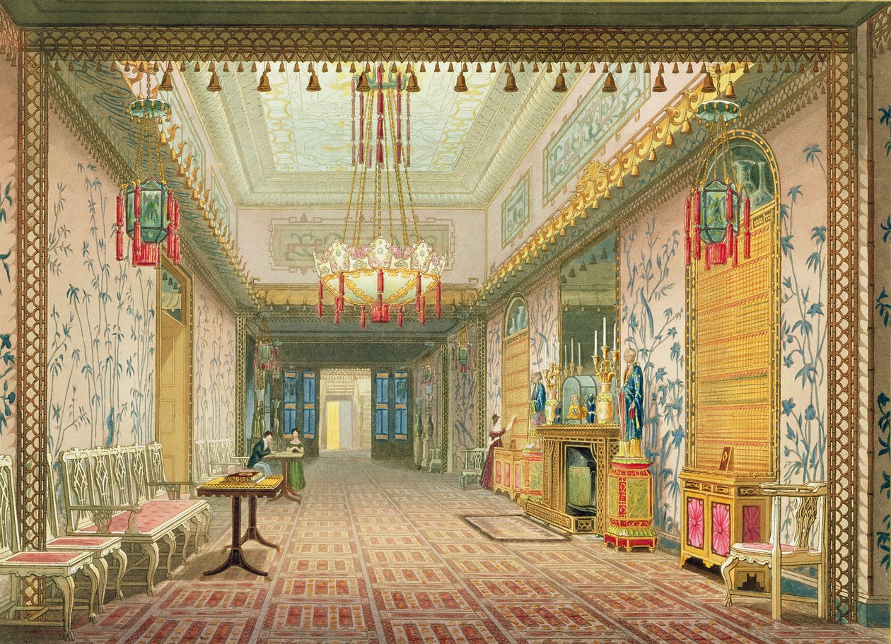 Koridor nebo Dlouhá galerie ve své závěrečné fázi, z Pohledů na Royal Pavilion, Brighton od Johna Nashe (1752-1835) 1826 (akvatinta) od English School