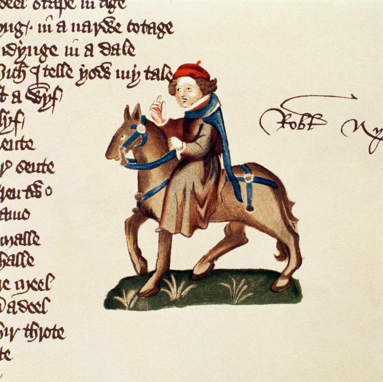 The Nuns Priest, detail z Canterbury Tales, od Geoffreyho Chaucera (c.1342-1400) Ellesmere Manuscript, faksimilové vydání, 1911 (originální detaily viz 128929) od English School