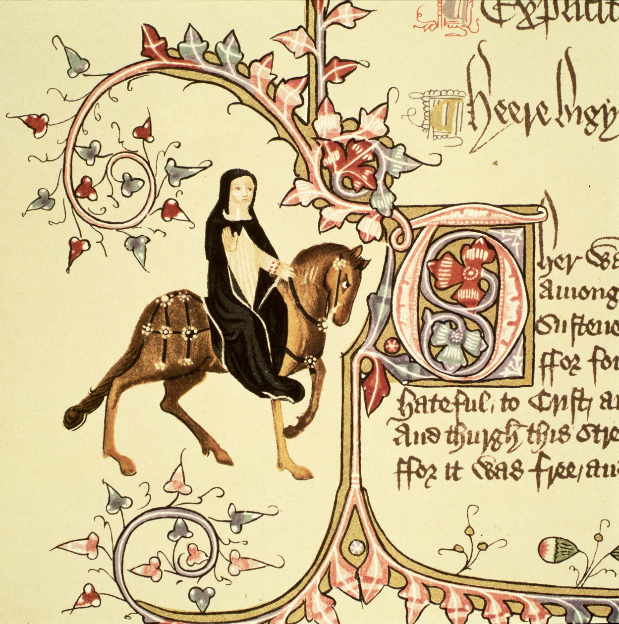 The Prioress, detail z Canterbury Tales, od Geoffreyho Chaucera (asi 1342-1400) Ellesmere Manuscript, faksimilové vydání, 1911 (originální detaily viz 128945) od English School