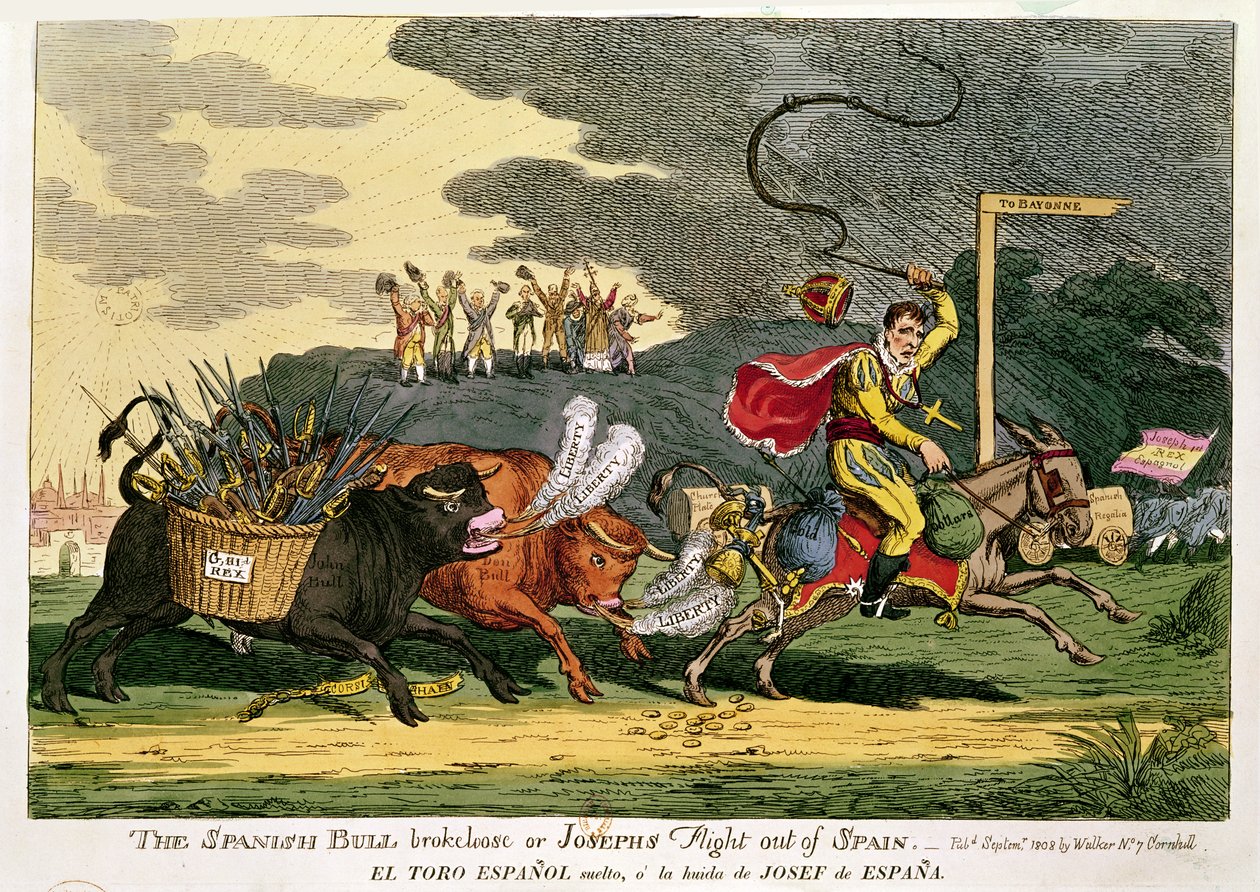 „Španělský býk zlomil ztrátu aneb Josephův útěk ze Španělska“, září 1808 od English School
