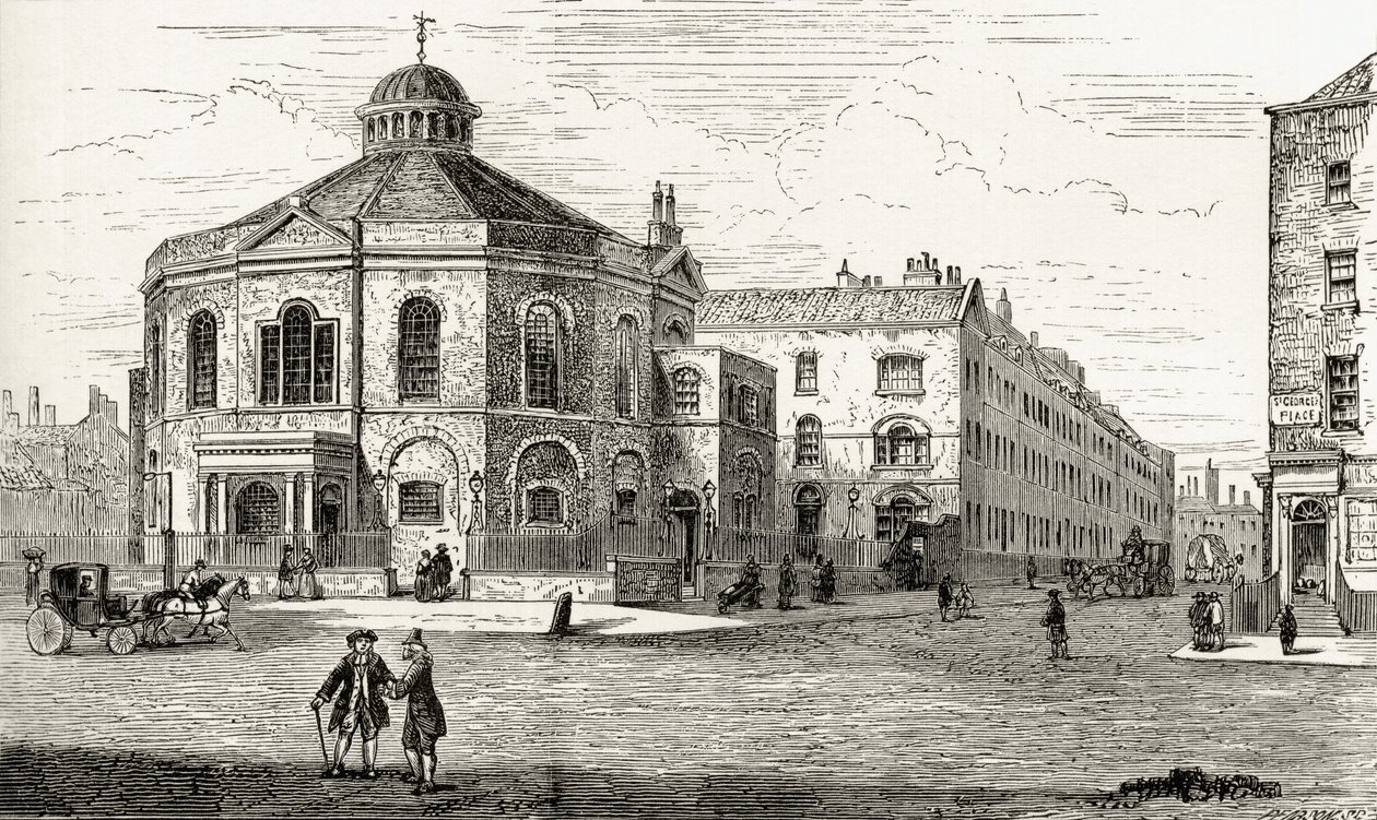 The Surrey Chapel, Blackfriars Road, Southwark, z „Londýnské obrázky: Kreslené perem a tužkou“, od reverenda Richarda Lovetta, vydáno 1890 od English School