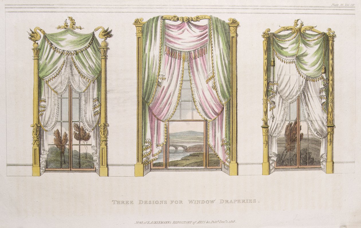 Tři návrhy okenních závěsů, deska 107 z Ackermanns Repository of Arts, vydáno 1819 od English School