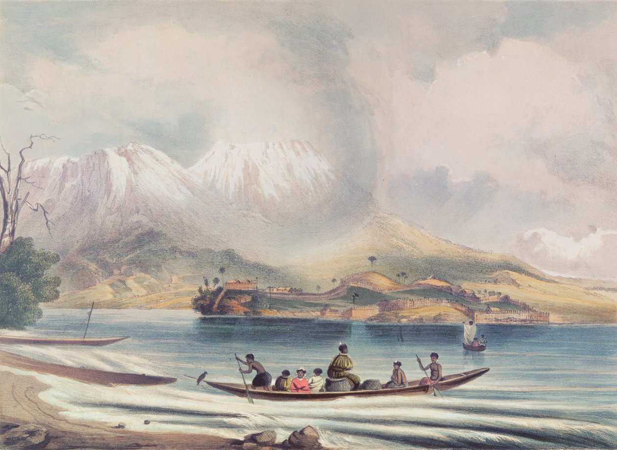 Tongariro Volcano, Nový Zéland (barevná rytina) od English School